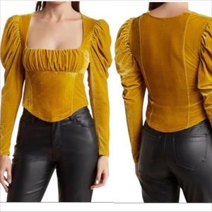 Free People Hold Me Puff Sleeve Velvet Top In Glistening Gold. NWT! Sz S